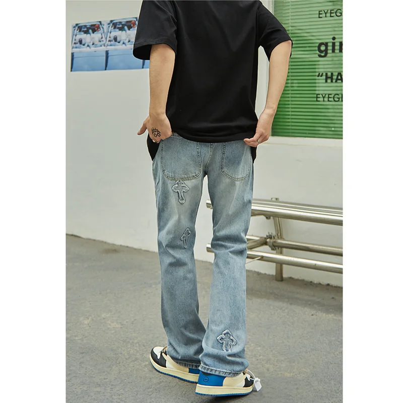 Streetwear Men 2022 New Style Cross Pattern Vintage Recreational Blue Jeans Loose Straight Cylinder Trousers Autumn Female Trend