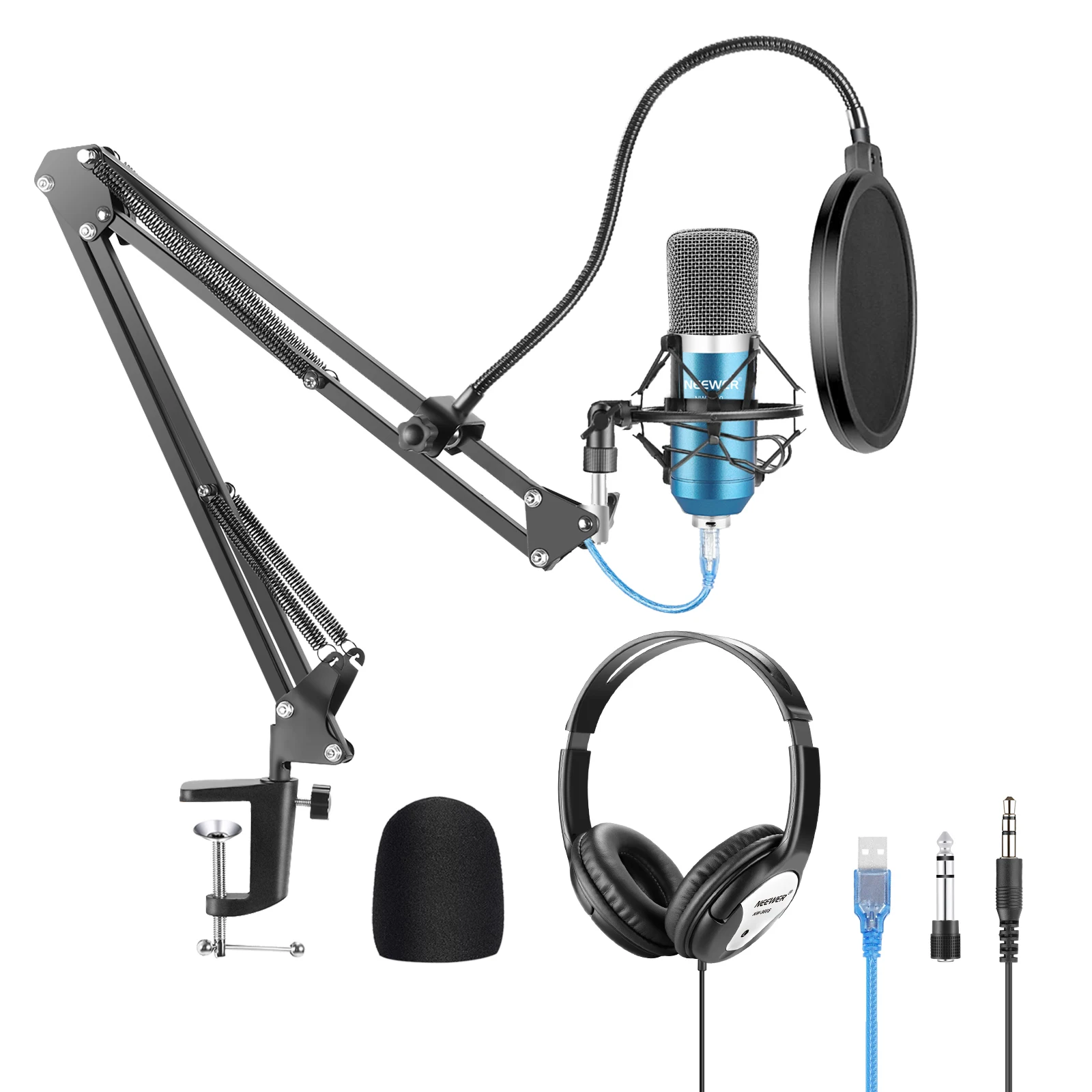 

Neewer USB Microphone with Suspension Scissor Arm Stand/Shock Mount/Monitor Headphone/Pop Filter/USB Cable/Table Mounting Clamp