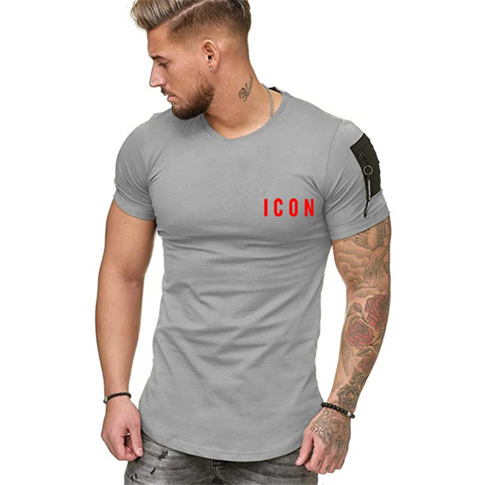 

Brand ICON Summer Casual Zipper Sleeve Fashion T-Shirt Men O Neck Raw Edge Camisetas Hombre Hip Hop Hteetwear Tops Tee Size 3XL