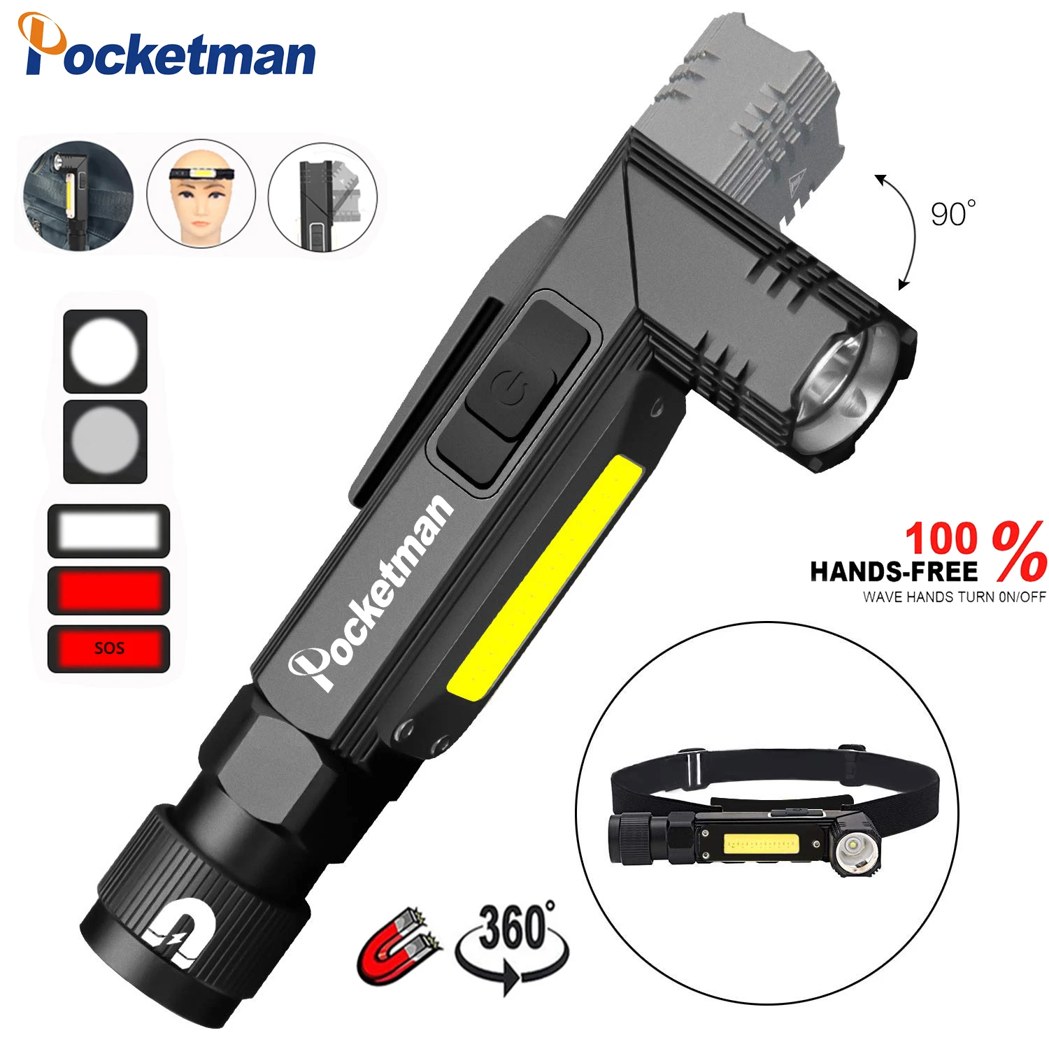 

High lume Handfree Tactical Flashlight Dual Fuel 90 Degree Twist Rotary Clip Rechargeable Super Bright 5 Modes LED Torch Outdoor