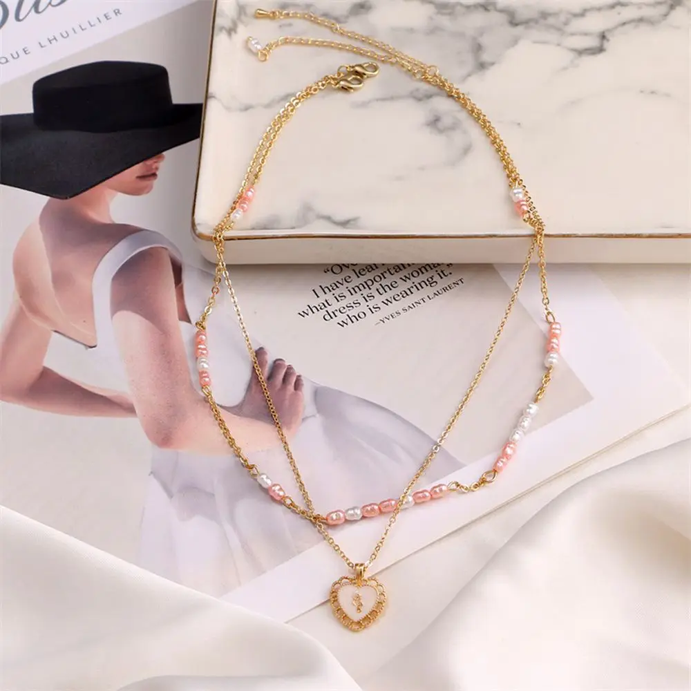 

Fashion Pink Peach Heart Pendant Necklace For Women Cute Heart Pearl Tassel Necklace Valentine's Day Present