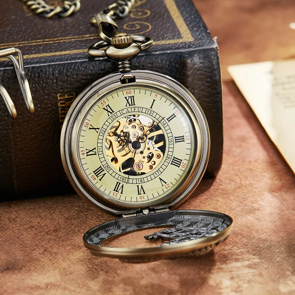 Vintage Bronze Dragon Hollow Exquisite Sculpture Mechanical Skeleton Retro Pocket Watches Men Chains Lucky Lover Wedding