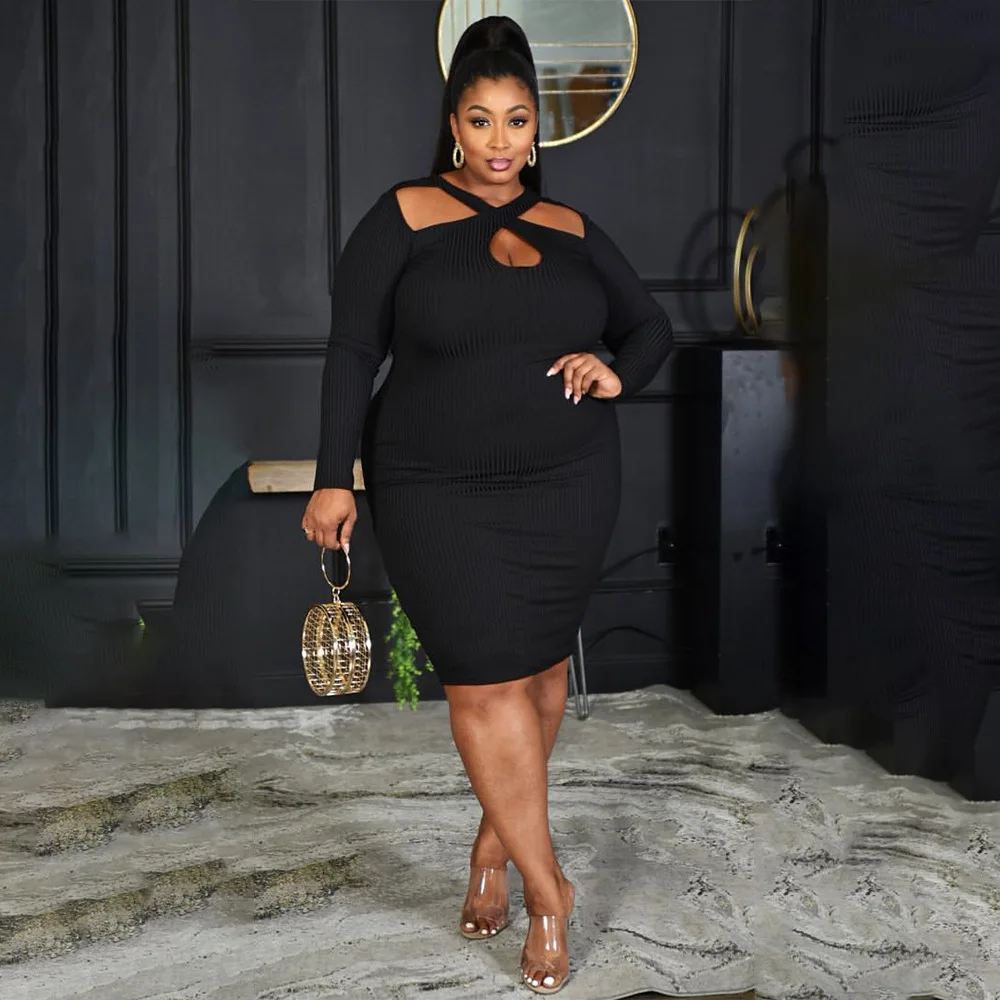 Plus Size Dresses Solid Long Sleeve Hollow Out Slim Fit Party Dresses Evening Dresses Long Sleeve Dresses for Women Sexy & Club