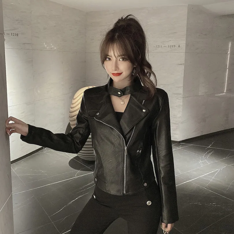 Fashion Coat Short PU Leather Long Sleeve Pu Leather Skinny Slim Jacket Top Women's Loose Cardigan Women's Autumn