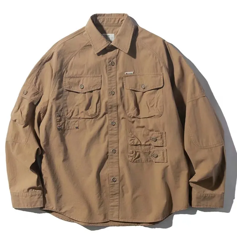 100% Cotton Oversized American Heavy Cargo Shirt Men's Long Sleeve Korean Casual Men's Shirt Baggy Pocket Shirt, Versatile Coat
