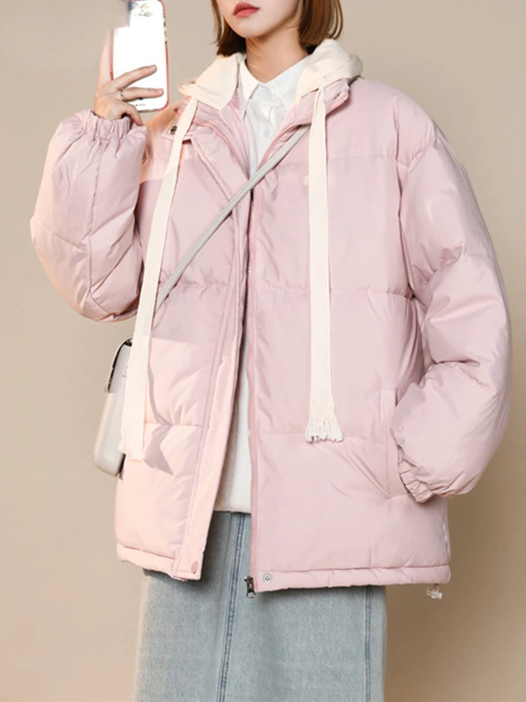 Coat Women Fall Winter 2022 Korean Fashion Y2k Jackets Loose Zipper Up Ladies Parkas with A Hood Blue Pink