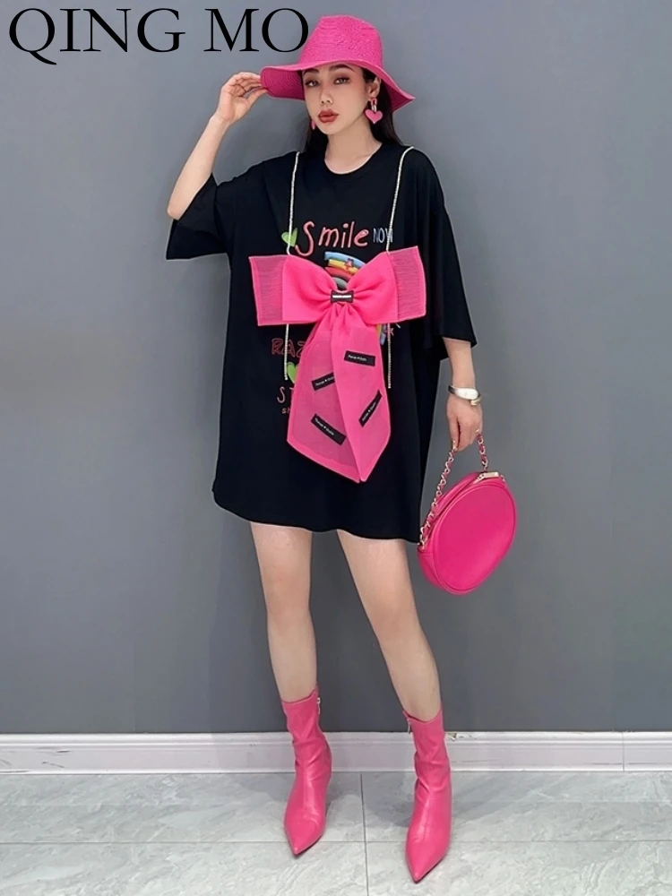 

QING MO 2023 Summer Women 3D Bow T-shirt Dress Letter Print White Fashion Personalized Casual Trendy Girl Short Sleeve ZY133A