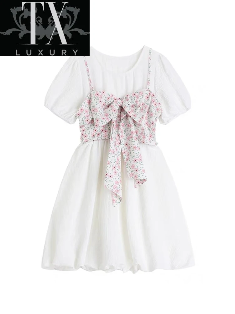 

New 2 Piece Woman Sweet Printing Bow Camisole And White Puff Sleeve A-line Mini Dress Female Summer Fashion Ladies Set