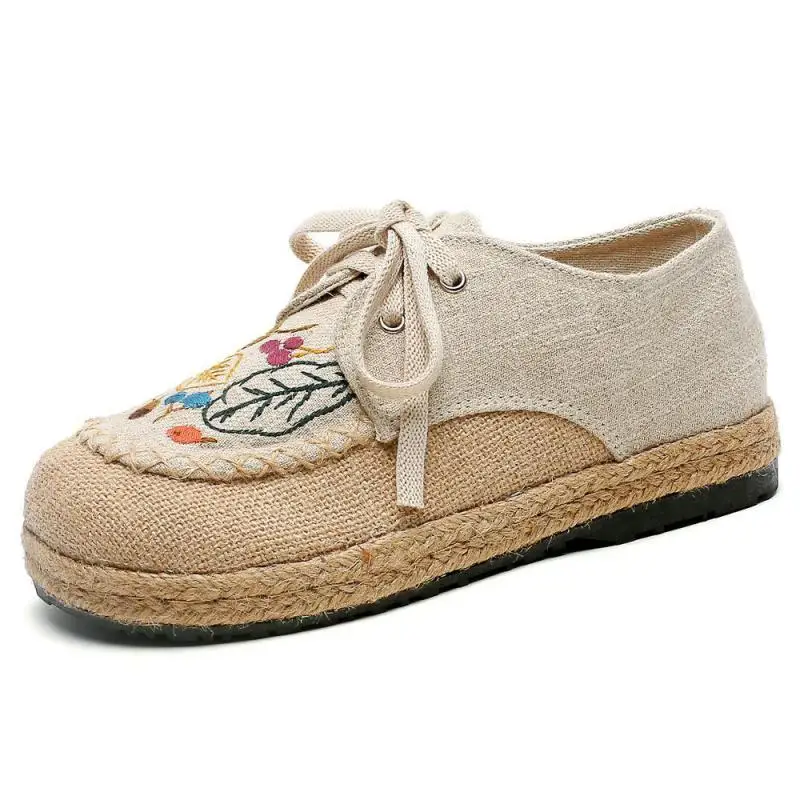 

YourSeason Cotton Linen Flats Ladies Shoes Lace-up Fashion Spring Round Toe Embroider Concise Comfortable Handmade Women Shoes