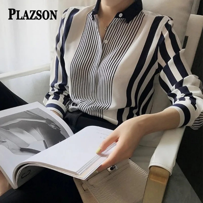 

PLAZSON chemisier femme nouvelle collection 2023 Women's Striped Print Top V Neck Long Sleeve Blouse Shirt Tops camisas de mujer