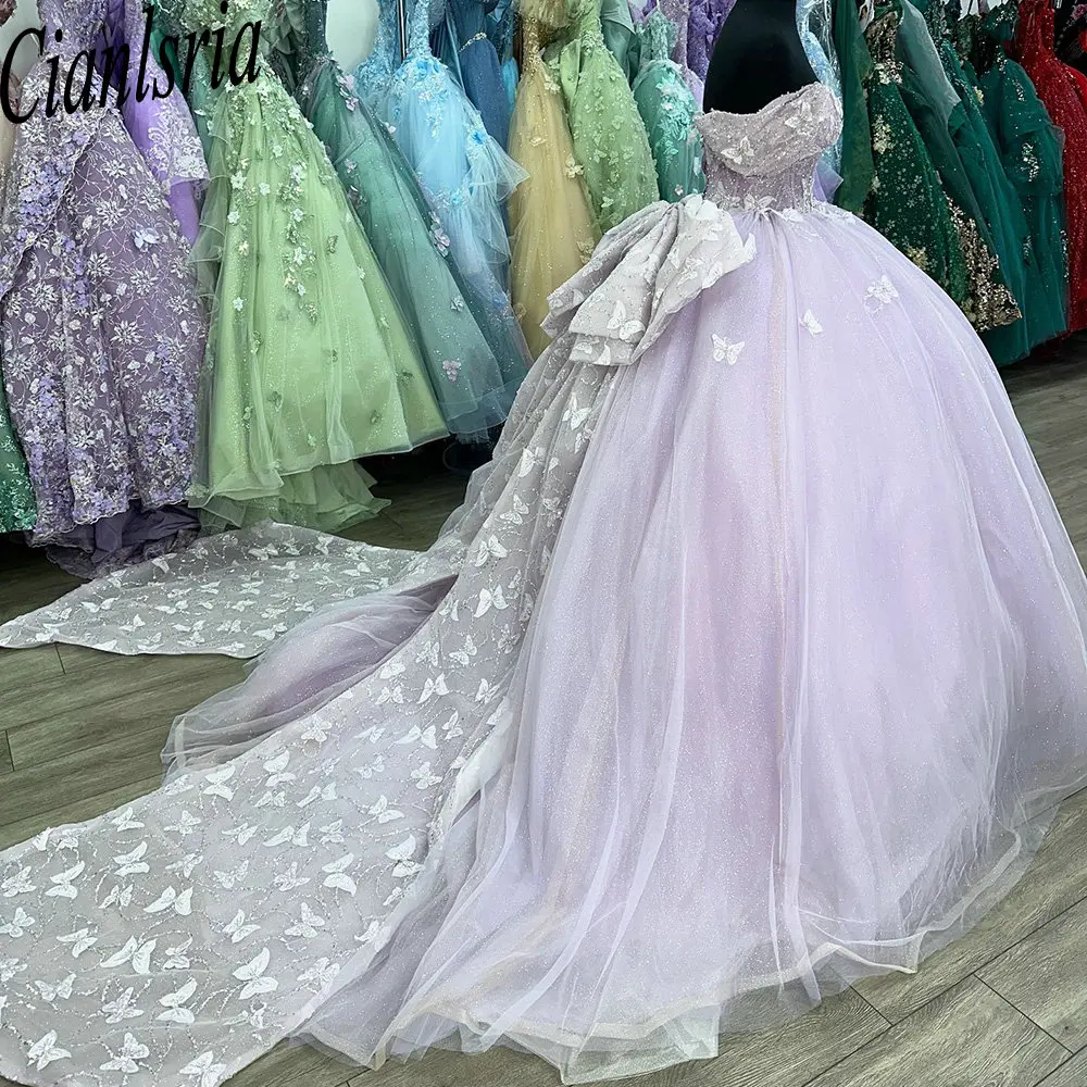 

Сиреневое бальное платье с 3D бабочками и бантом, платья для Quinceanera с открытыми плечами, корсет с блестками и кристаллами, милые 15 лет