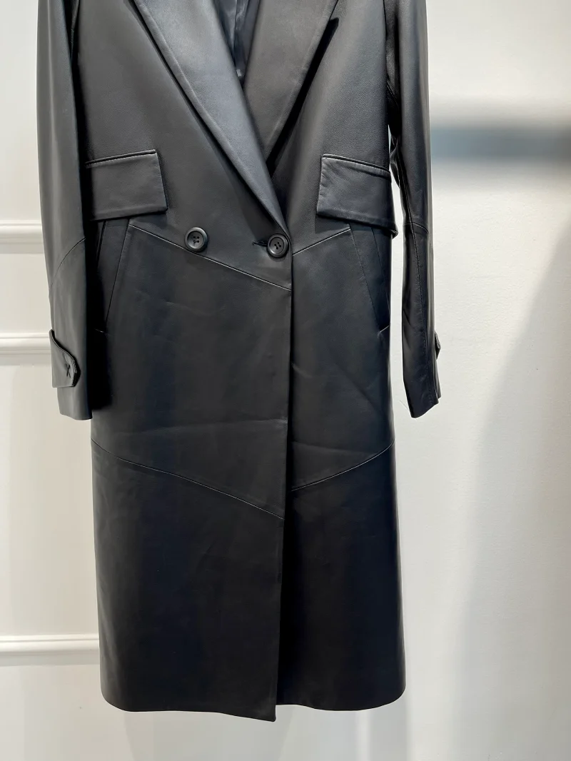 False Pockets Belt Decoration Unisex Coat 2022 Autumn Winter Collection Cross-collar Long Leather Jacket Women