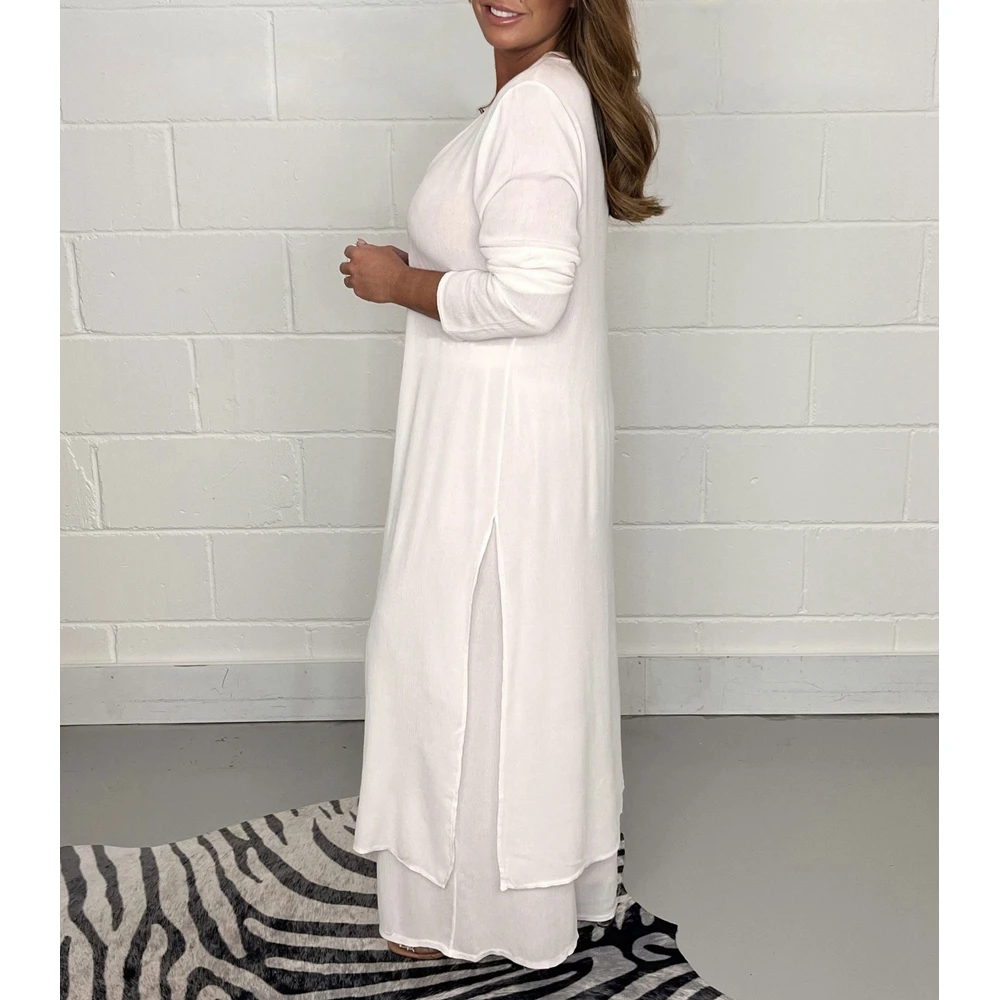 Summer Women Casual V Neck Long Sleeve Extra-Long Top & Wide Leg Pants Set Femme Hem High Split Two Pieces Set Workwear Outfits