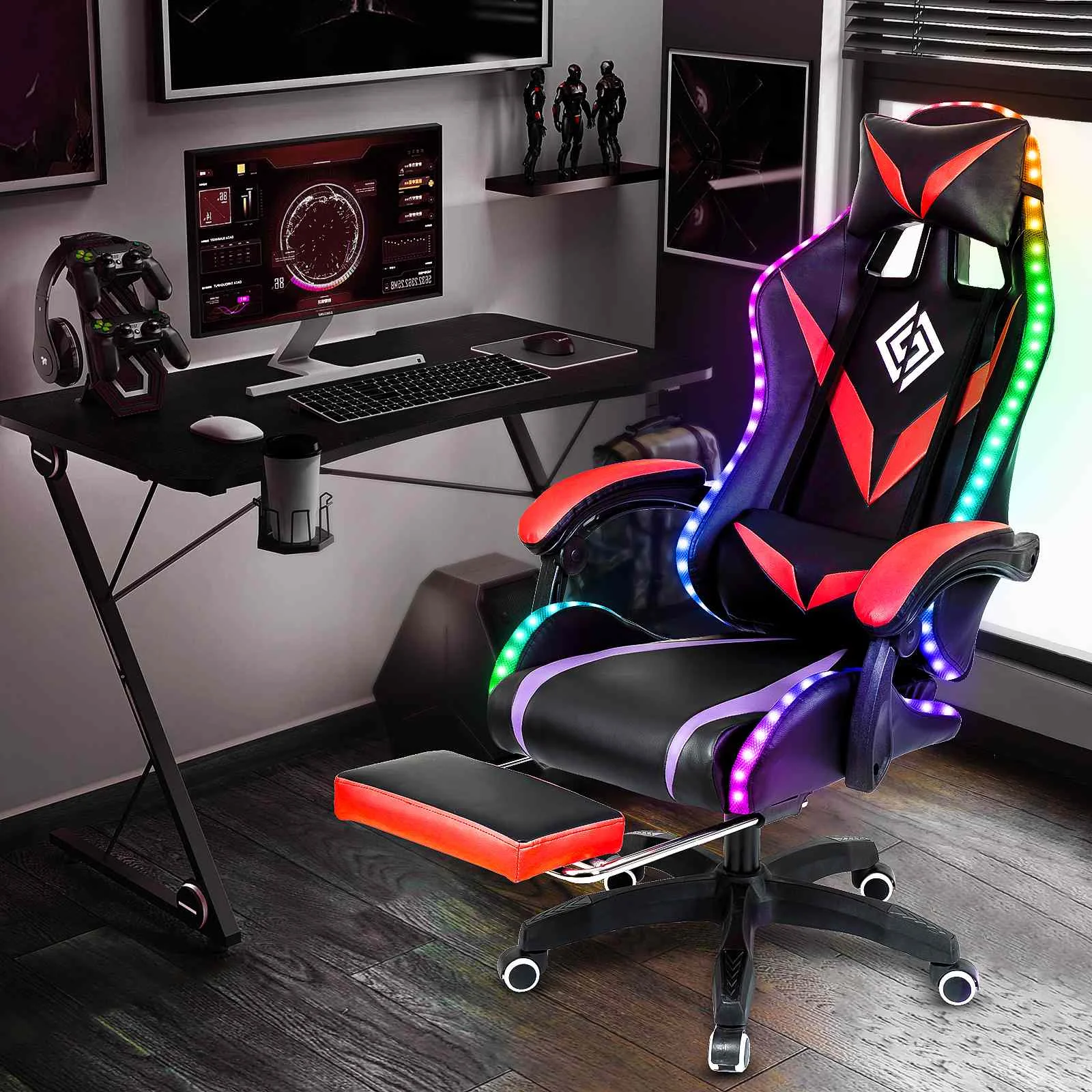 

RGB Light Gaming Chair Office Chair Gamer Computer Chair Ergonomic Swivel Chair 2 Point Massage & 135° Reclining with Footrest