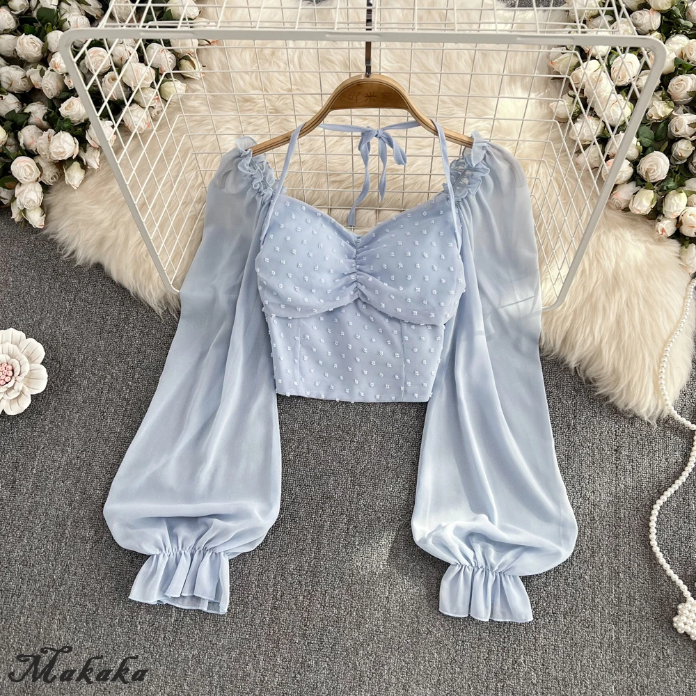 

Makaka- Polka Dot Folds Short Blouse Summer Slash Neck Long Sleeve Women Tie Halter Elastic Waist Fashion French Beach Top