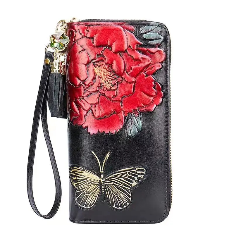 2023 New Genuine Leather Wallet Women Large Capacity Ladies Leather Purse Floral Pattern Female Clutch Phone Bag