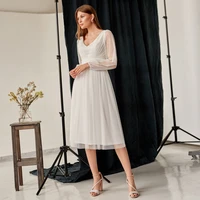 short wedding dress white tulle long sleeves v neck midi wedding gown 2022 a line pleat tea length simple bridal dresses