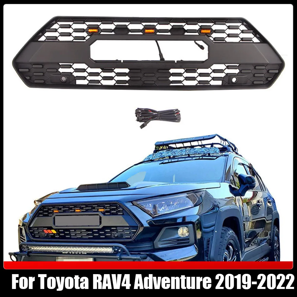 

Matte Black Front Grill Bumper Grille With Letter/LED Lights Exterior Styling Accessories For Toyota RAV4 Adventure 2019-2022