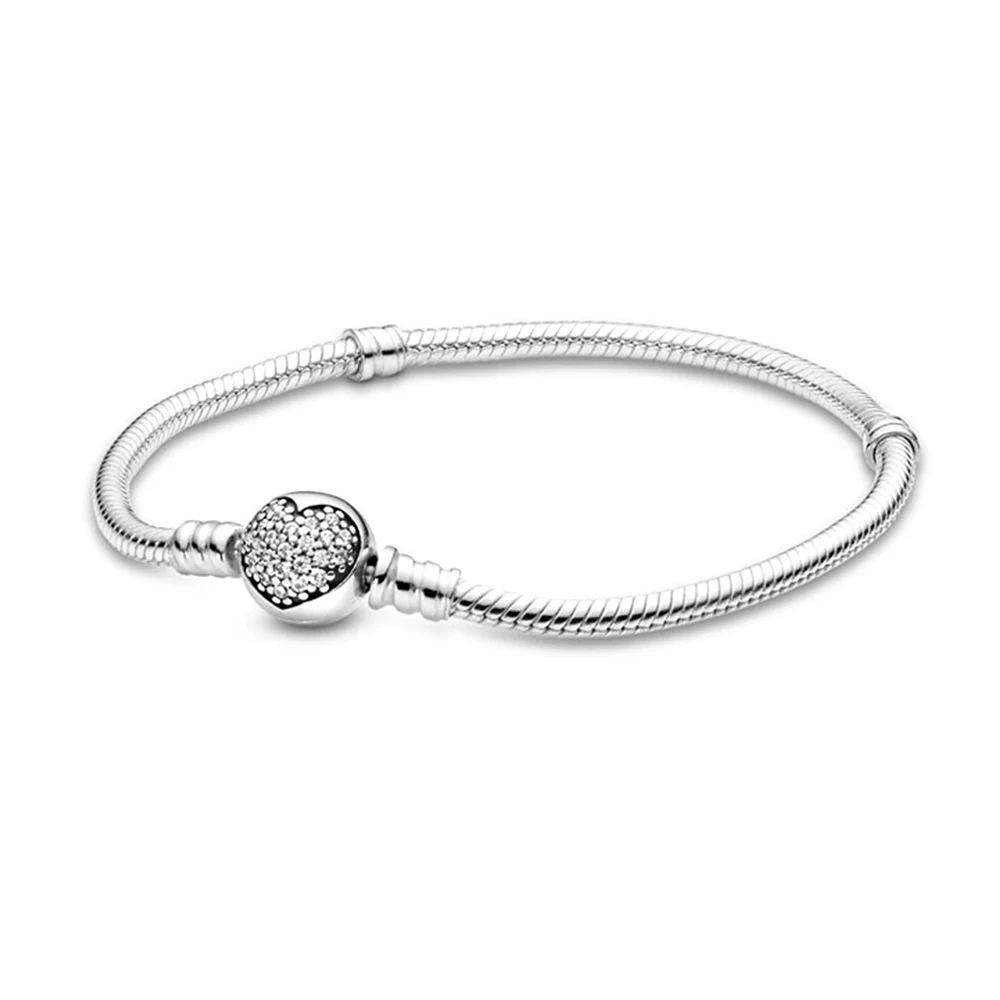 

925 Silver Moments Sparkling Heart Clasp Snake Chain Bracelet Anniversary Party Fit for Pandora Trendy Ladies Jewelry Gifts