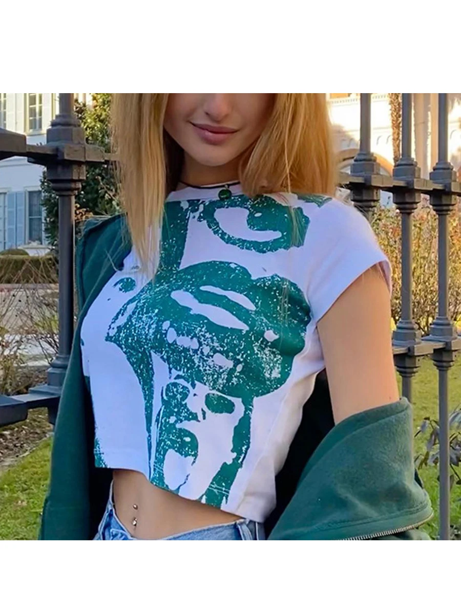 

Women Summer Crop T-Shirt Short Sleeve Portraits Patterns O-Neck Short Shirt Ladies Slim Pullover Navel Tops