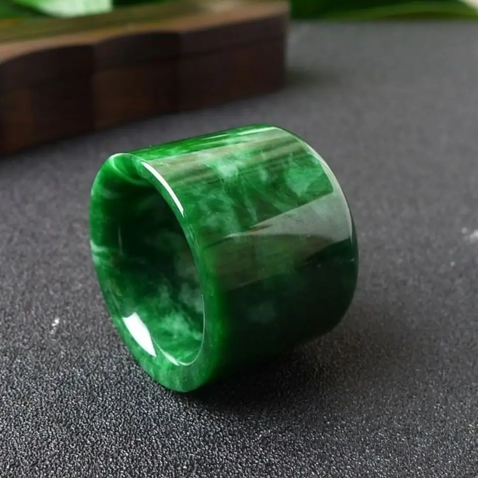 

Real Emerald Jadeite Thumb Ring Men Women Fine Jewelry Accessories Genuine Natural Myanmar Green Jades Stone Band Wide Rings