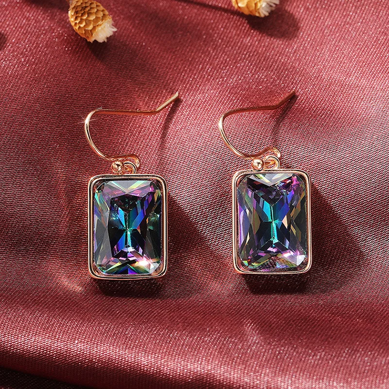 

New Trendy Gold Plated Square Crystal Drop Earrings For Women Shine Rainbow CZ Stone Inlay Fashion Jewelry Wedding Party Gift