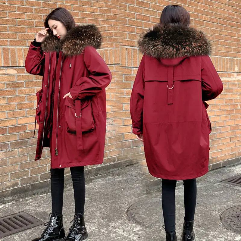 2022 Winter Clothes Outerwear Women Padded Coat Hooded Loose Mid-length Fur Liner Warm Parka Down Jacket Female Thick T170