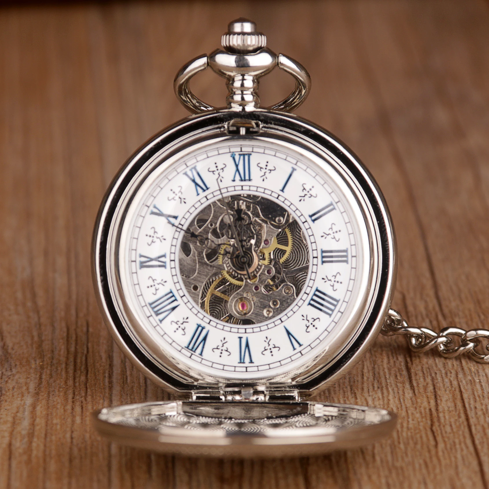 Silver Vintage Mechanical Pocket Watch Roman Numerals Display With Chain Pendant Clock Men's Ladies Gift