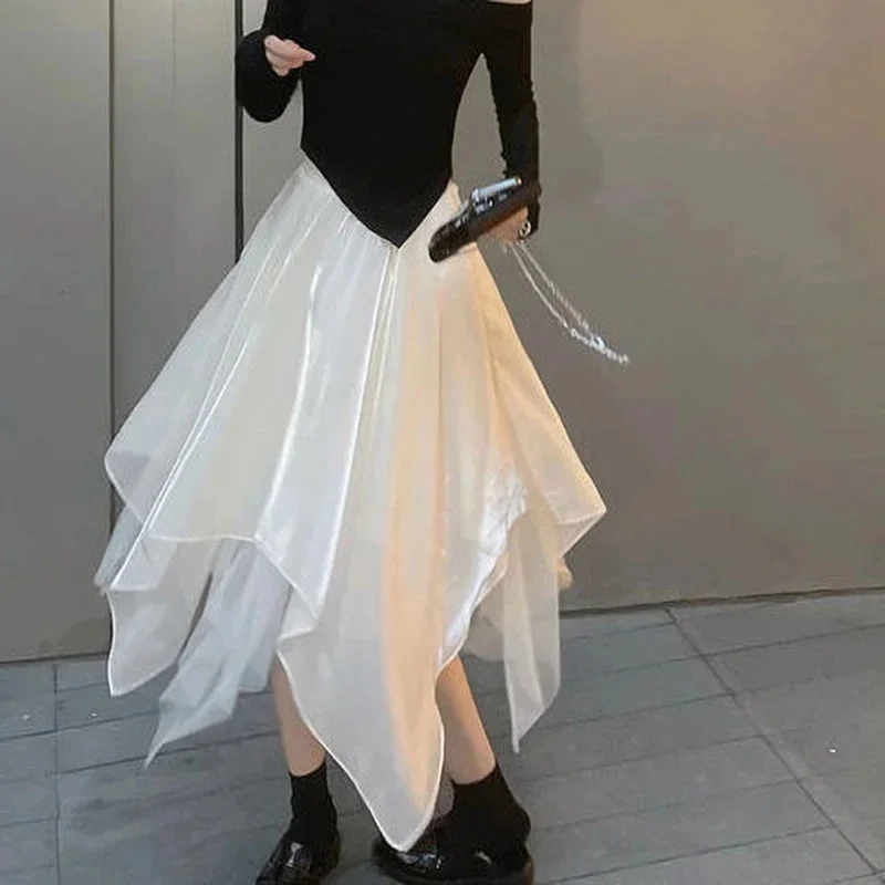 

Женская Асимметричная Юбка-миди Y2K, Готическая сетчатая юбка А-силуэта с высокой талией, офисная юбка в Корейском стиле