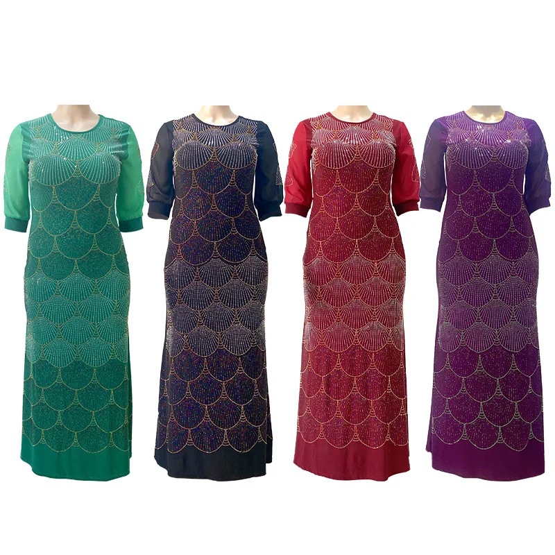 2023 Middle East Delicate Fish Scale Rhinestone Robe Turkey Scalloped Stretch Dress Muslim Ladies Costume Birthday Party Gala