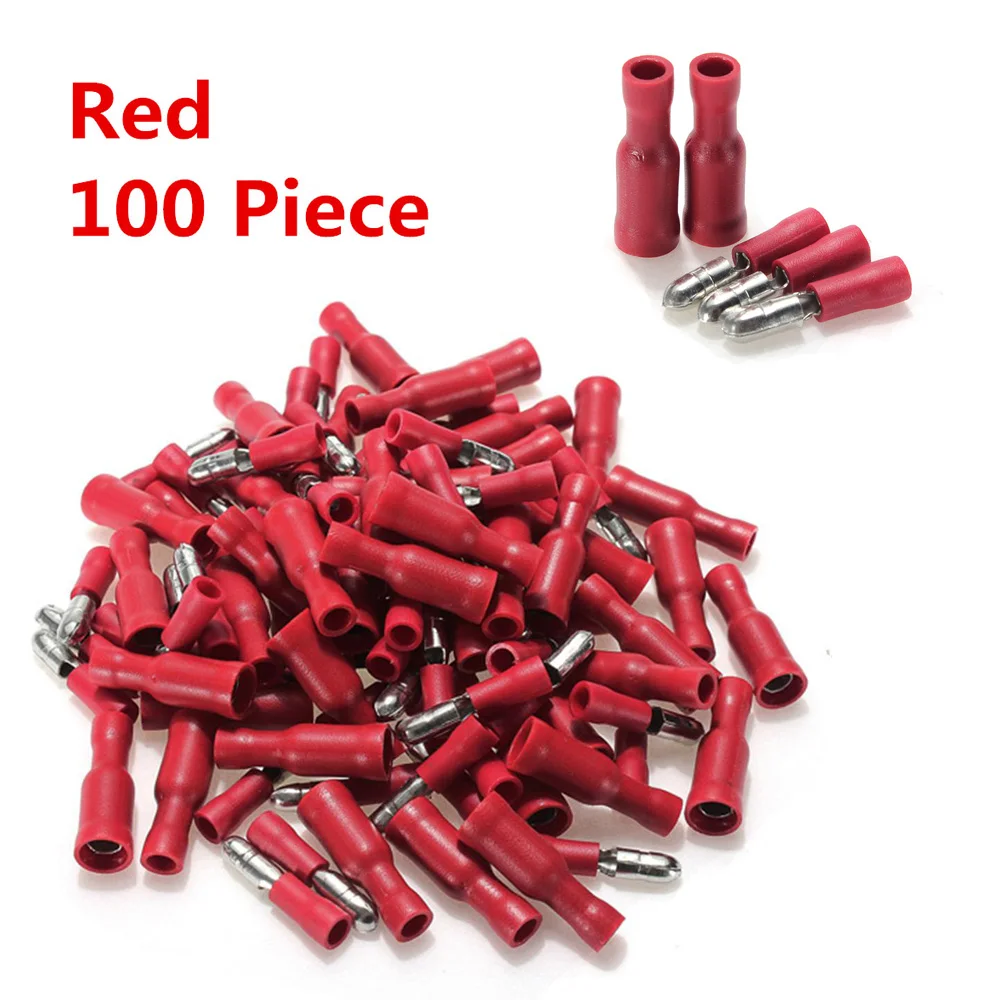 

100pcs Red Fully Insulated Bullet Crimp Red Male Female Insulated Terminals Connector Wire 22-16 AWG