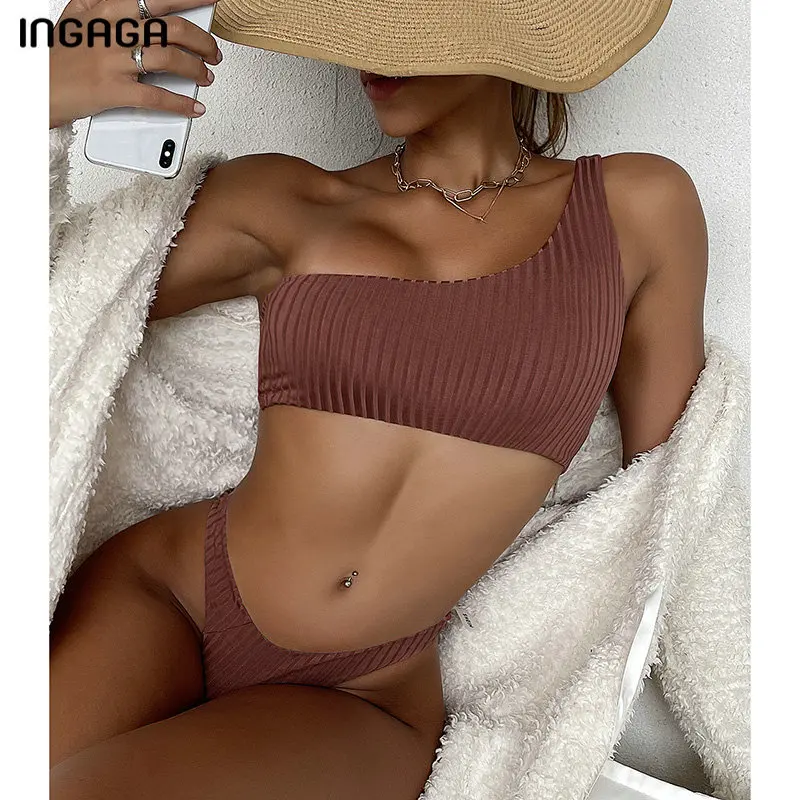 

Комплект бикини INGAGA на одно плечо, женский купальник в рубчик, 2022, купальник пуш-ап, женское бикини, новые купальные костюмы с высоким вырезо...