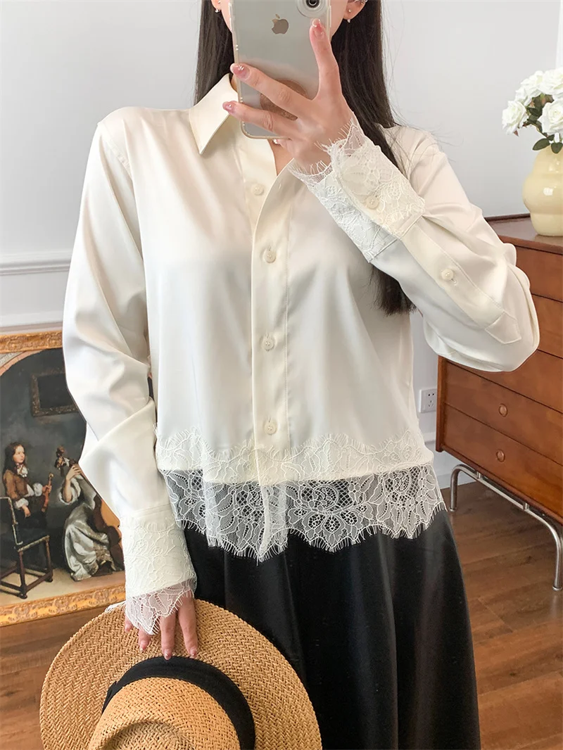 

Женская элегантная рубашка с отложным воротником, однобортный Топ, женская блузка с кружевом и длинным рукавом, осень 2023, Новая удобная