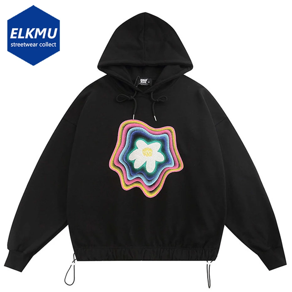 

Hip Hop Men Sweatshirt Flower Printed 2023 Streetwear Harajuku Oversized Pullover Hoodies Man Y2K Loose Hoodie Black