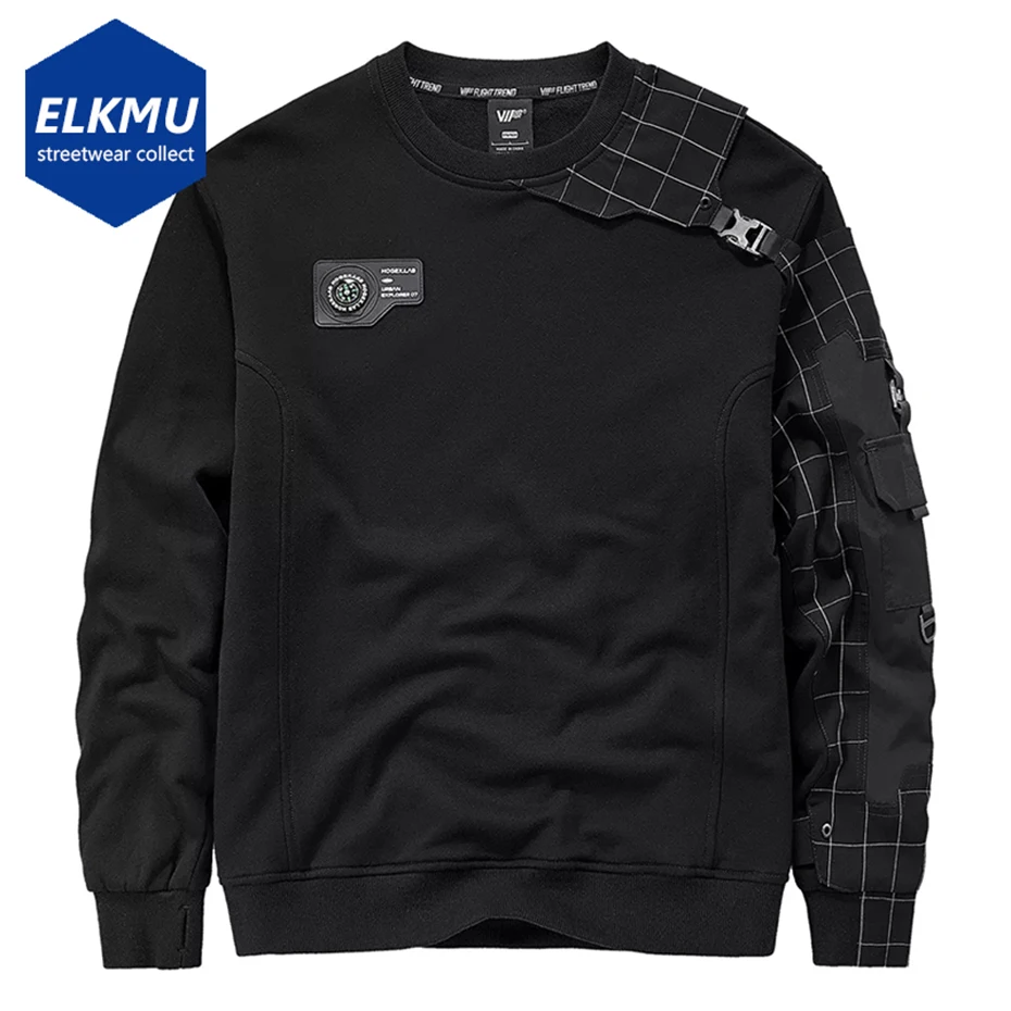 

Толстовка-карго Мужская составного кроя, модная уличная одежда, худи в стиле панк/готика, черный Свободный пуловер, функциональная тактическая толстовка, Y2K