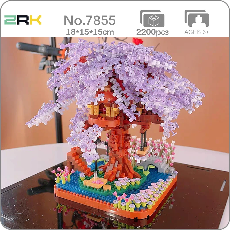 

ZRK 7855 Architecture Sakura Flower Tree House Garden Swing River 3D Mini Diamond Blocks Bricks Building Toy for Children no Box