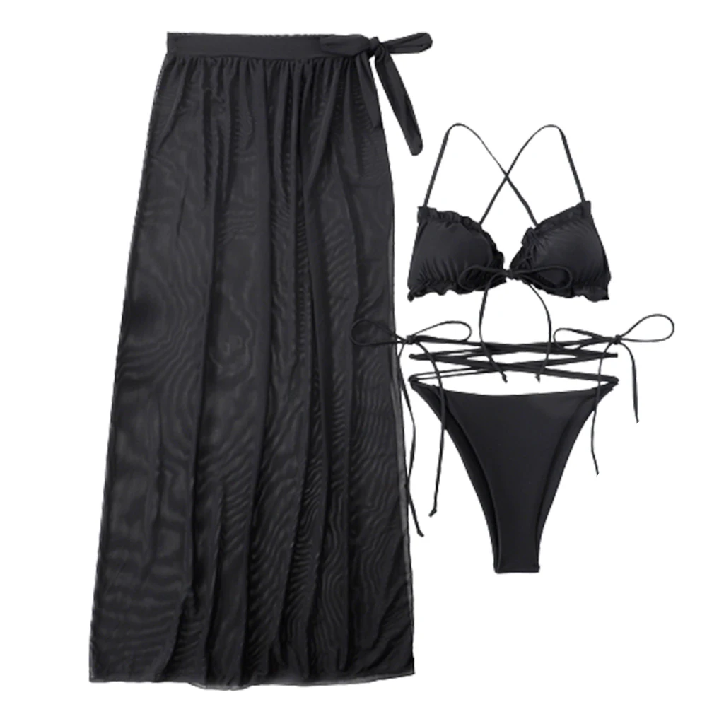 

Женский комплект бикини с микро стрингами FS, черный купальный костюм из 3 предметов с высокой талией, лямкой на шее и длинной юбкой на завязках, на лето, 2022
