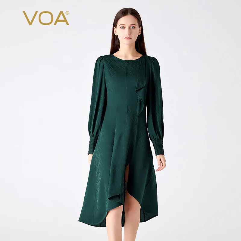 

VOA, 100% чистый шелк тутового шелкопряда, жаккардовая зеленая рубашка с круглым вырезом, с длинными рукавами, свободное Повседневное платье с украшением в виде листьев, новинка AE1968