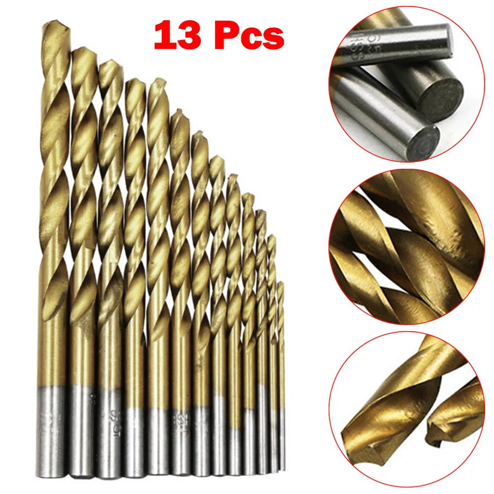 

13Pcs Titanium Coated HSS High Speed Steel Drill Bit Set Hand Drill 2-12mm Power Tool Accessories For Wood Plastic Iron Plate