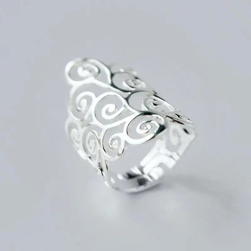 

New S925 Sterling Silver Ring Women's Fashion Retro Ethnic Style Cutout Pattern Exaggerated Opening Index Finger Ring Jewelry