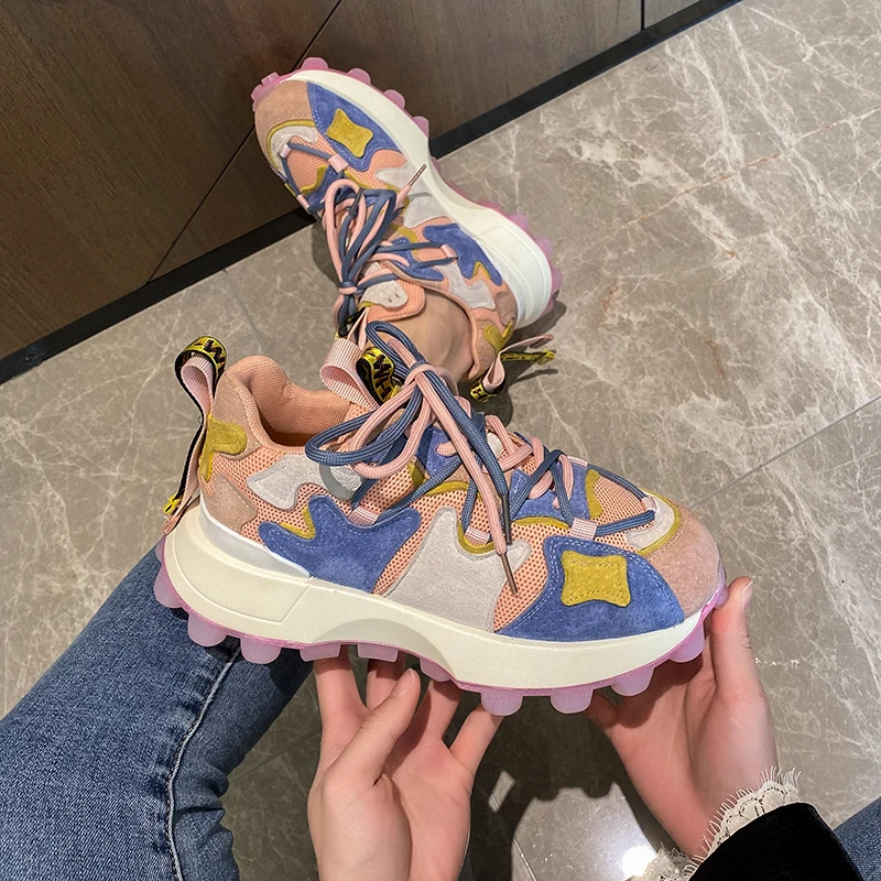 Women's Sports Shoes 2023 Round Head Designer Color Matching Lacing Platform Luxury Women's Running Shoes Vulcanized Shoes