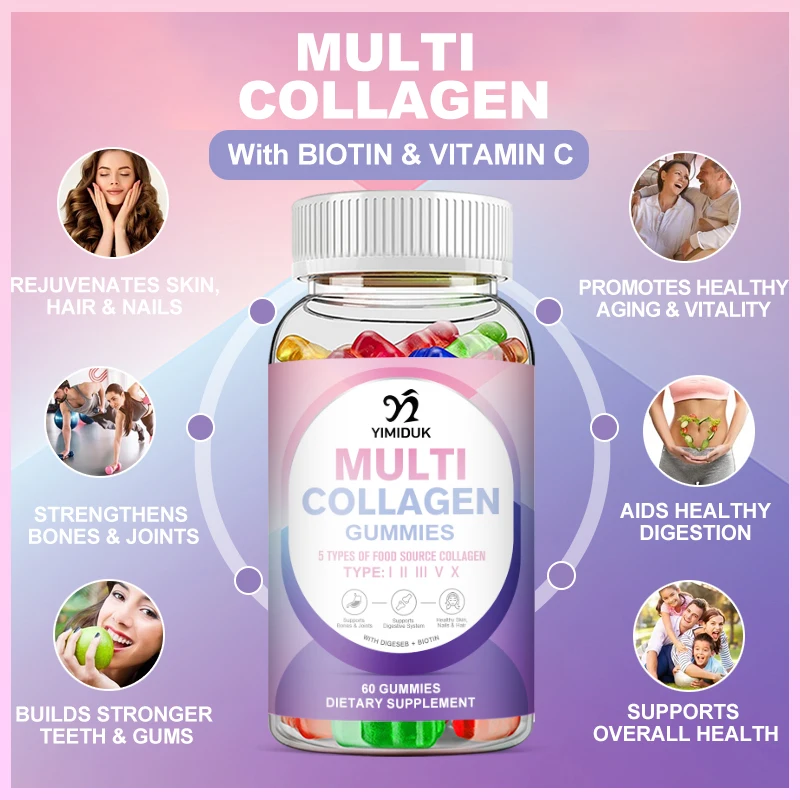 

Multi Collagen Biotin Gummies Vitamin C Antioxidant Anti-Aging Whitening Skin Beauty Healthy I, II, III, V & X, Supplement