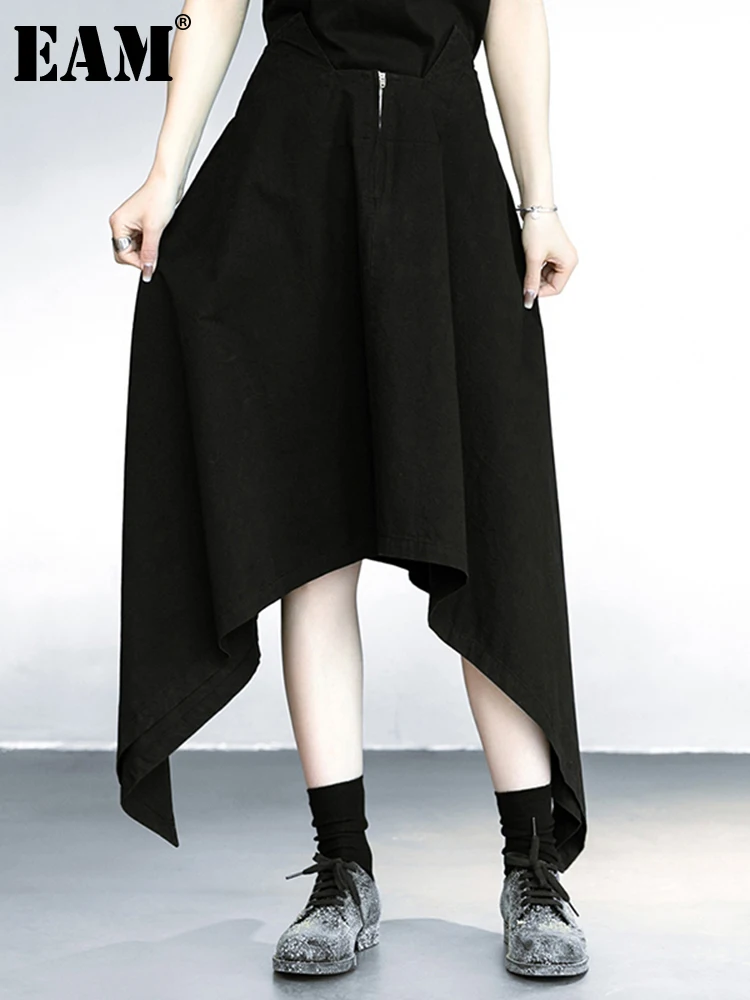 

[EAM] High Waist Zipper Personality Black Irregular Casual Long Half-body Skirt Women Fashion New Spring Summer 2023 1DD9656