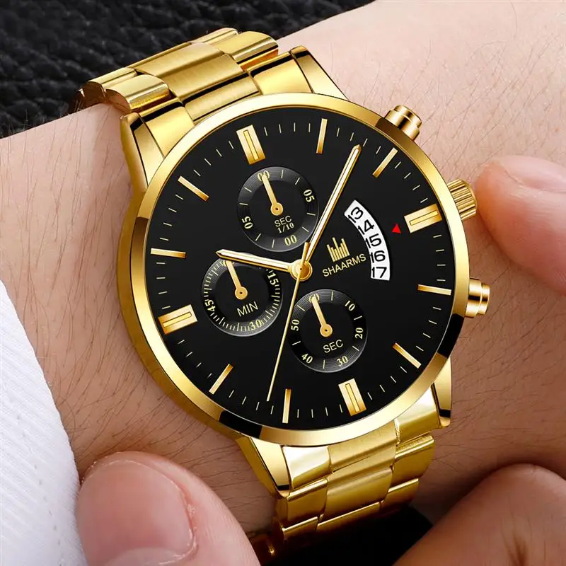 

Men Watch Luxury Business Military Quartz Watch Gold Stainless Steel Band Men's Watch Date Calendar Male Clock Relogio Dire