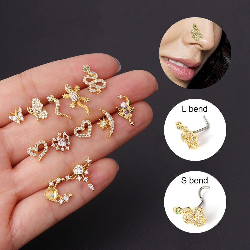 

1PC New Fashion L Shaped Nose Studs Piercing Stainless Steel Flower Cubic Zirconia Nostril Screw Indian Nose Ring Piercing 2022