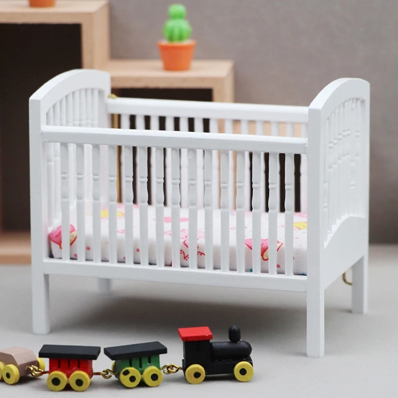 

1:12 Dollhouse Miniature Baby Bed DIY Simulated Wooden Crib Baby Doll Cradle Bed Furniture Model for Dollhouse Room