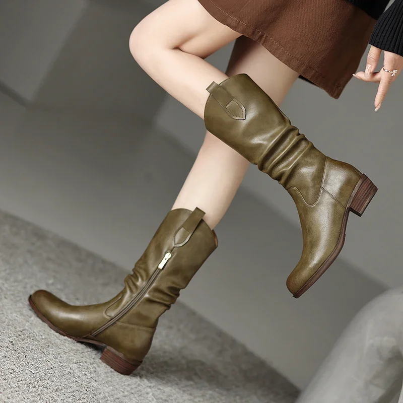 Британские коричневые ковбойские сапоги в западном стиле с круглым носком на