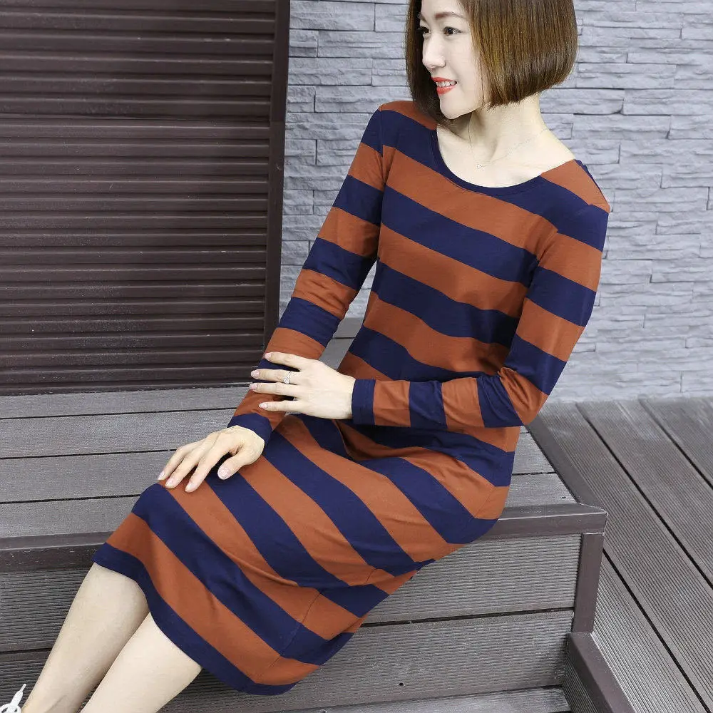 

Stiped Long T Shirt Sleep Dress Women Long Sleeve nightshirts O Neck Nightgowns For Ladies Loose Nighties Night Shirt Nightwear