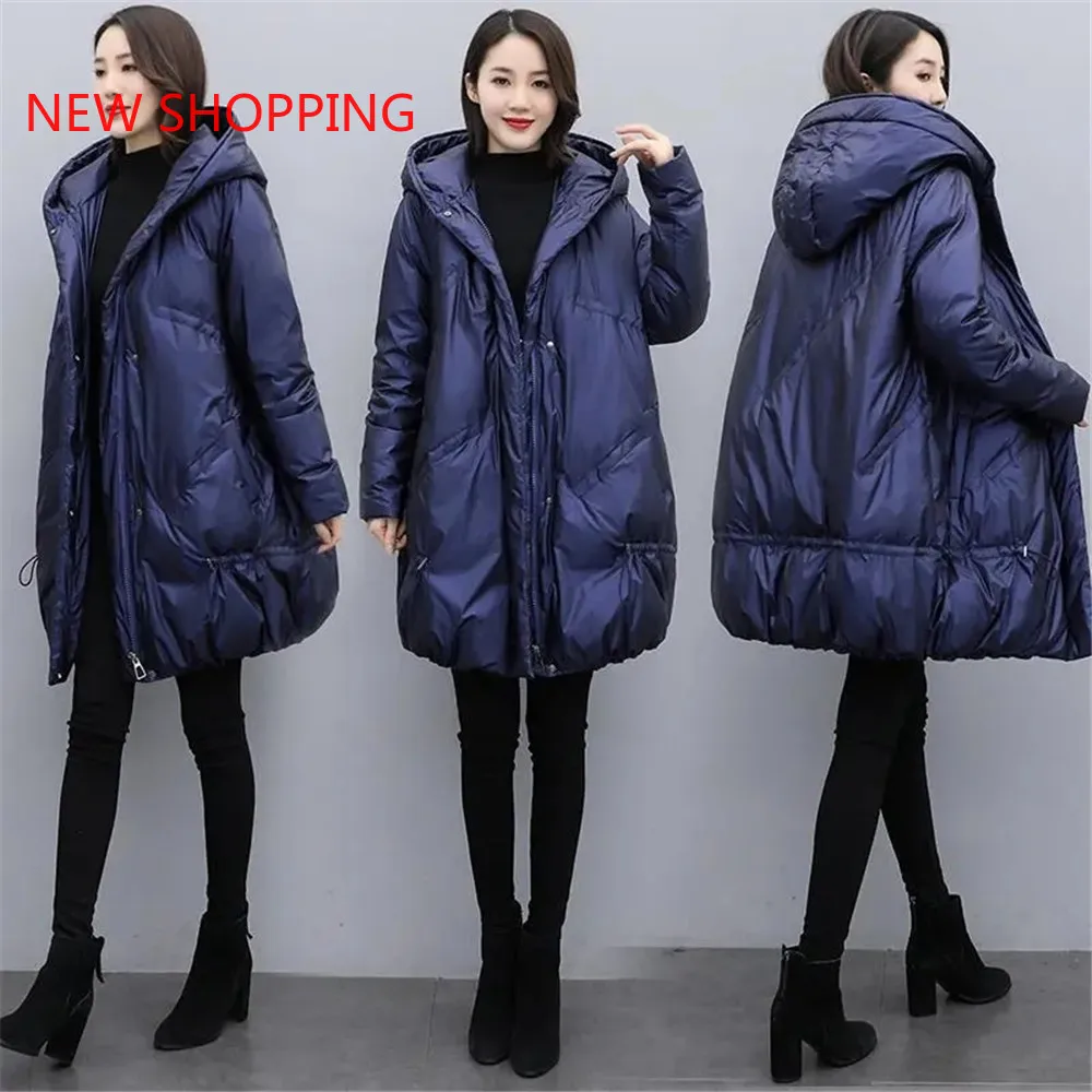 Women Thicken Cotton Jacket Winter 2023 Fashion Loose Warm Glossy Mid-Length Coat Hooded Solid Parka Oversized Parkas Down Coats