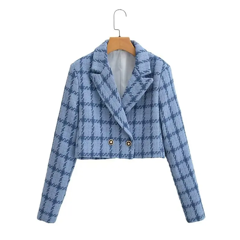 Autumn Winter Women Vintage Plaid Jacket Double Breasted Long Sleeve Short Suit Coat  Turndown Collar Tweed Woolen Outerwear